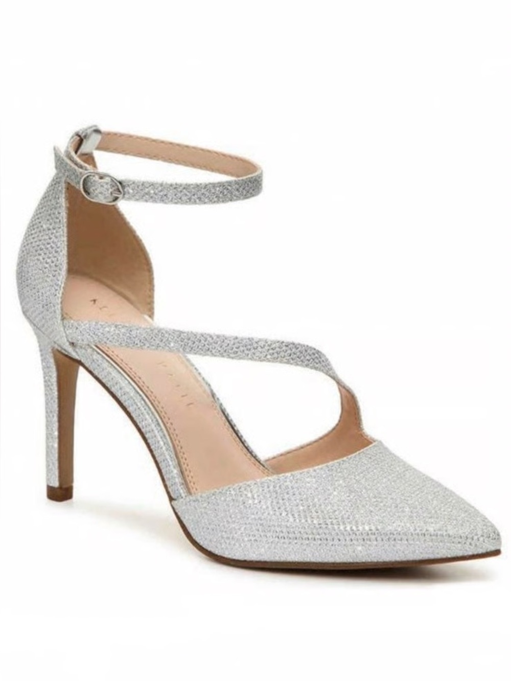 Kelly & Katie sevama silver metallic pointy toe pumps heels asymmetrical straps